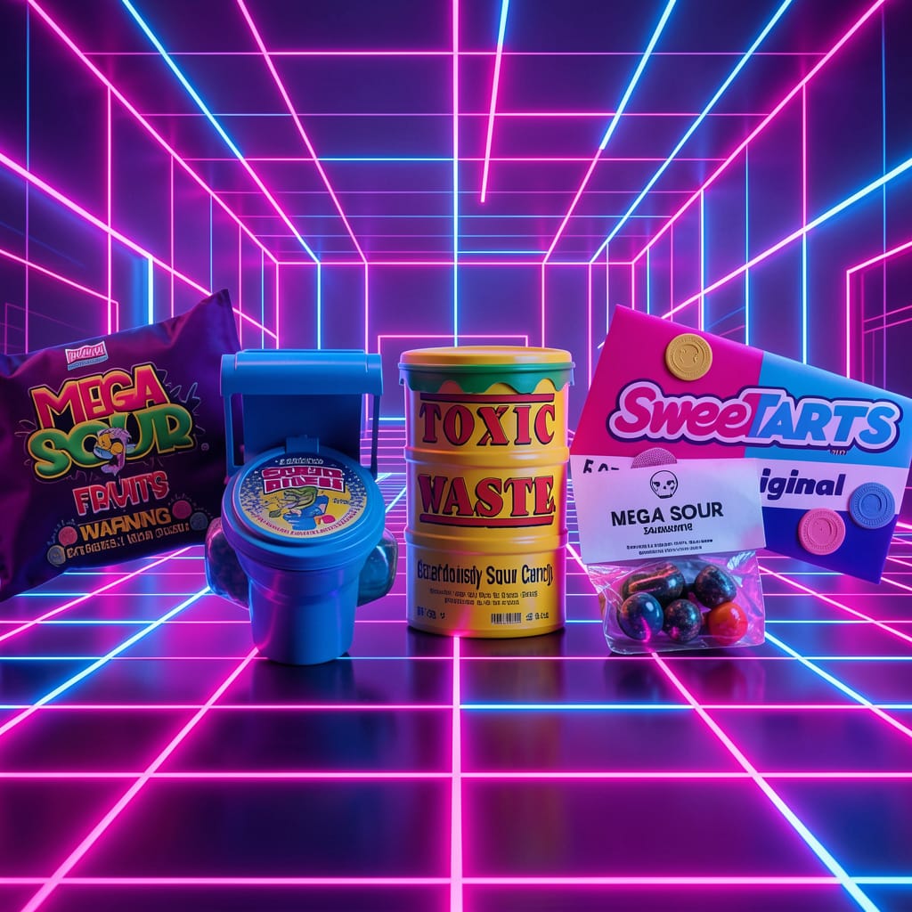 Comparison of different flavors of the most sour candy in the world on a white background.