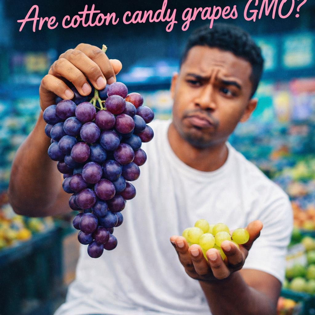 Lush clusters of Cotton Candy™ grapes on a vine, confirming they are non-GMO hybrids.
