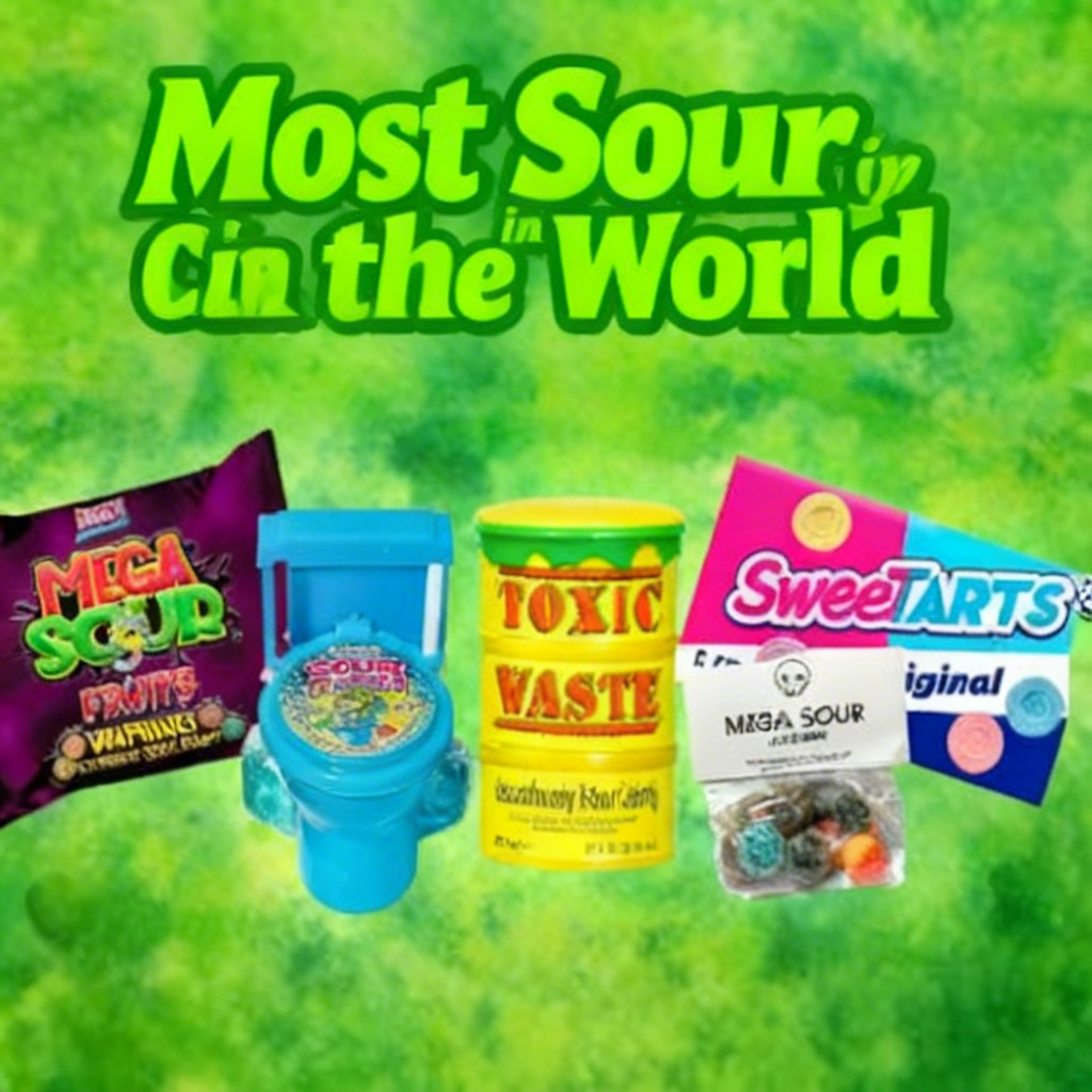 Brightly colored packaging for the most sour candy in the world on a store shelf.