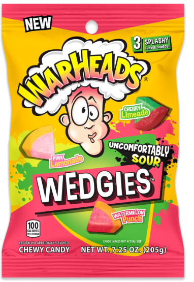 Sour Warheads Wedgies Chewy Candy bag in 7.25 oz size featuring Pink Lemonade, Cherry Limeade, and Watermelon Punch flavors.

