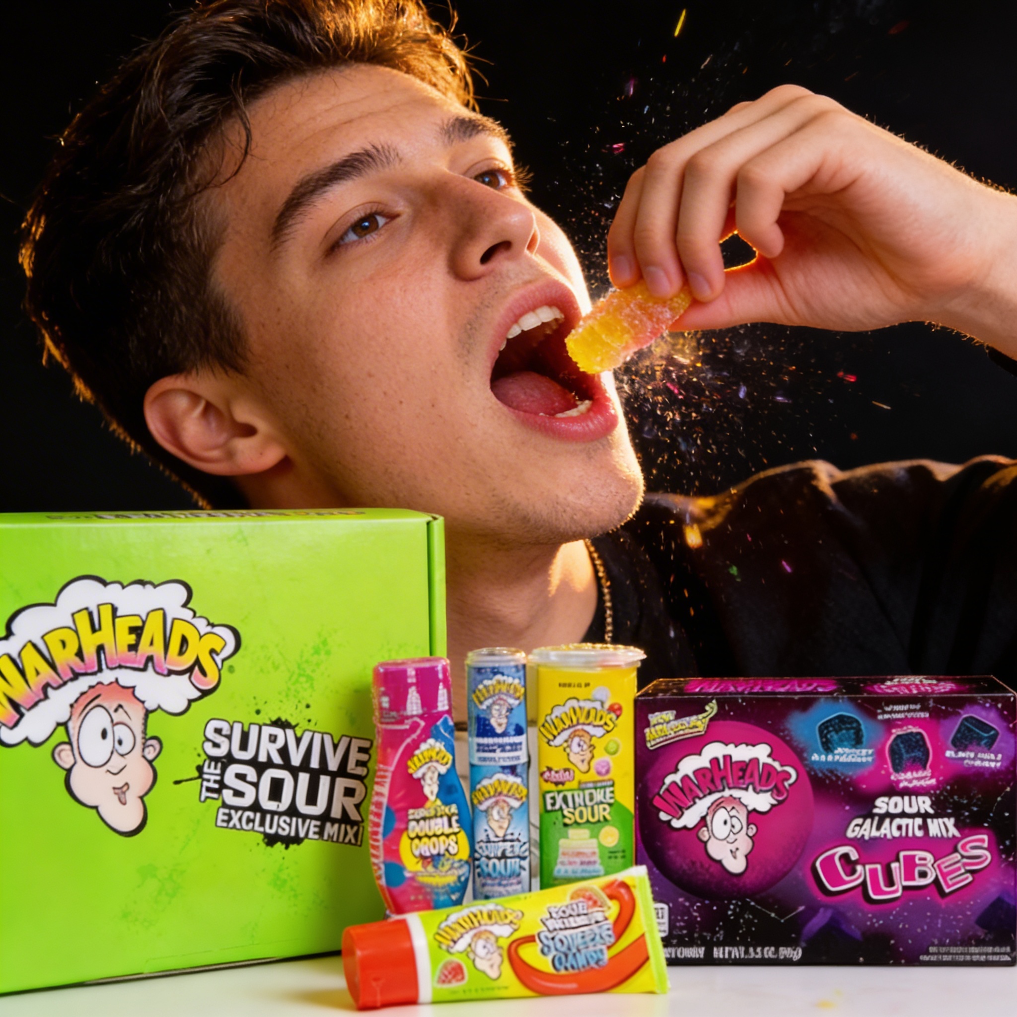 Straight face attempt A man attempting to keep a straight face while eating sour candy for the Warhead Challenge.