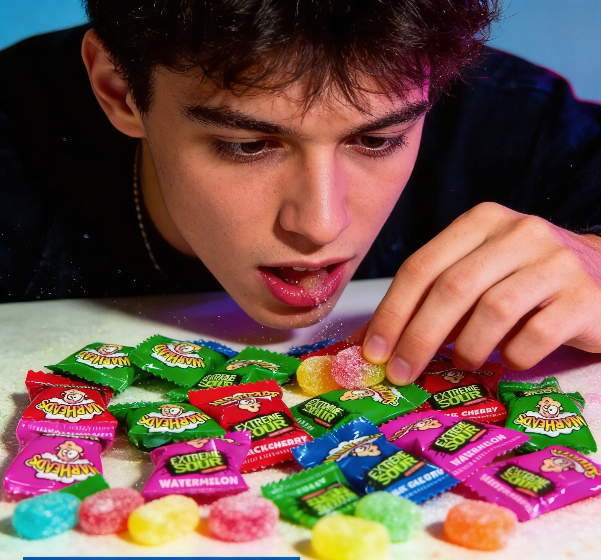 Extreme reaction: Close-up of a teenager making a pucker face during the intense Warhead Challenge.