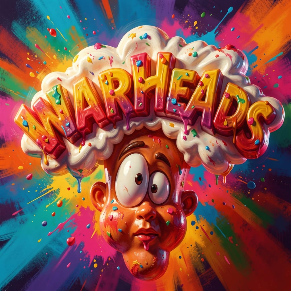 Iconic Warheads Guy mascot making a sour face with puckered lips.