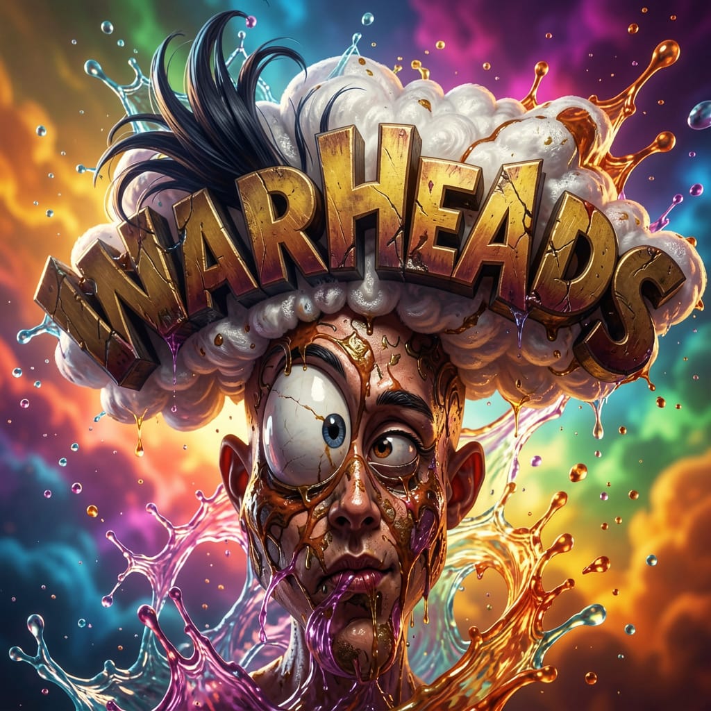 Close-up of the Warheads Guy logo on a vibrant yellow background.