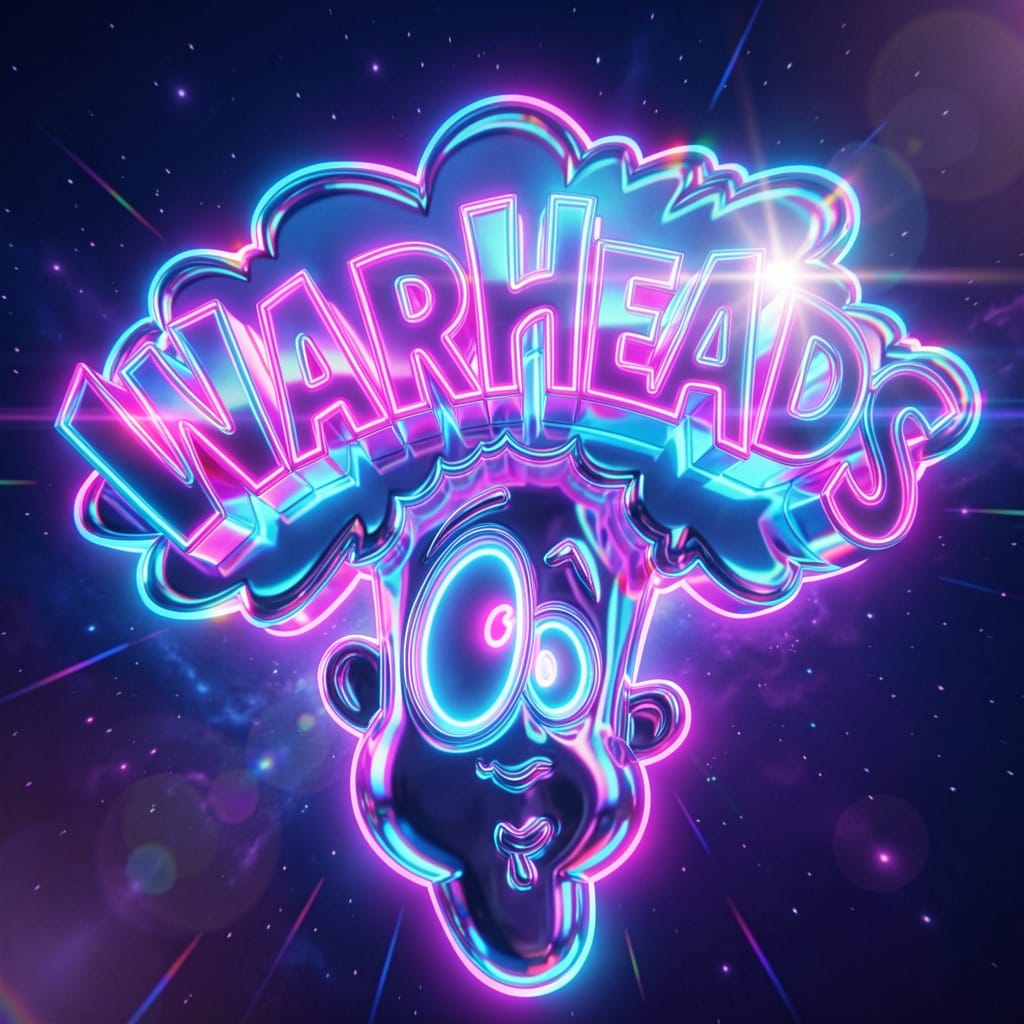 Animated Warheads Guy character surrounded by exploding sour candy.