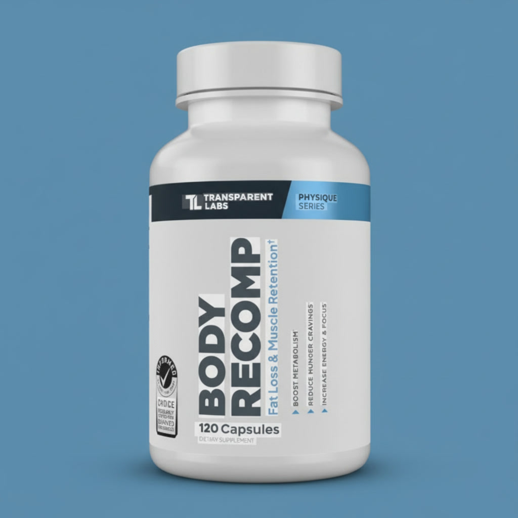 Close-up of the Body Recomp label on a Transparent Labs Fat Burner supplement bottle.
