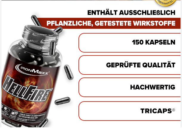 Marketing graphic for IronMaxx Hellfire 150 Kapseln, showing the supplement bottle and German text describing its tested plant-based active ingredients and high-quality Tricaps technology.