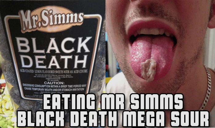 Black Death Sour Candy Challenge: 60s of Lethal Grit Mr. Simms Black Death Mega Sour candy packaging next to a person showing a white, peeling layer on their tongue.
