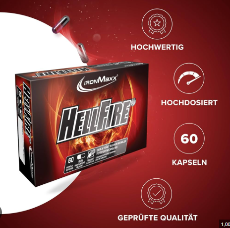 Product box of IronMaxx Hellfire Fatburner containing 60 capsules featuring high-dose plant extracts and niacin for metabolic support

